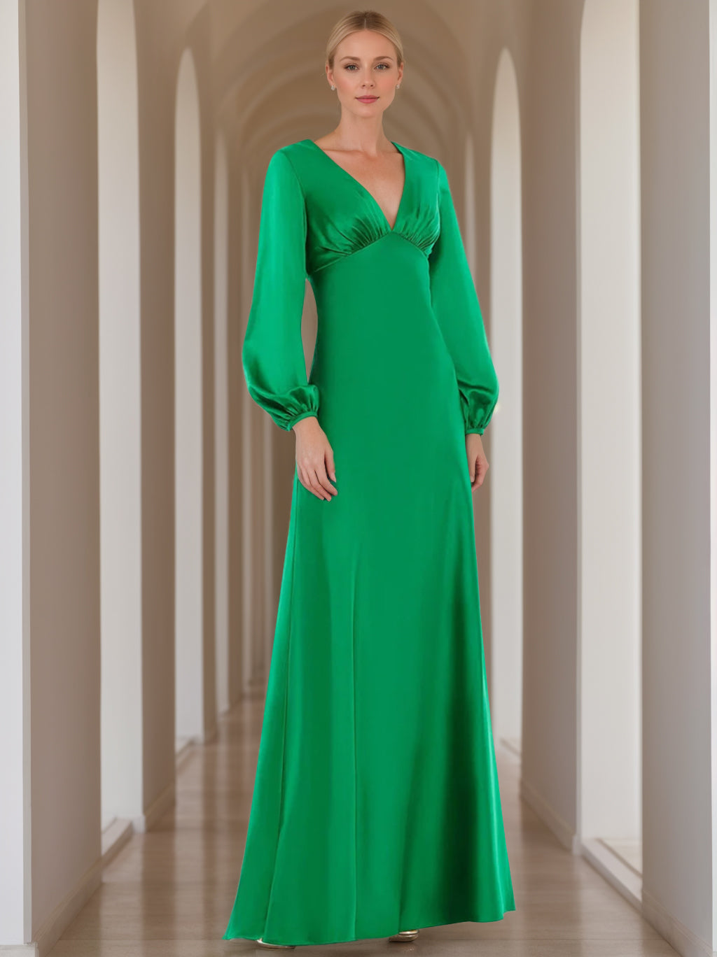 Floor-Length V-Neck A-Line Princess Mother of the Bride Dress with Long Sleeves and Ruffles
