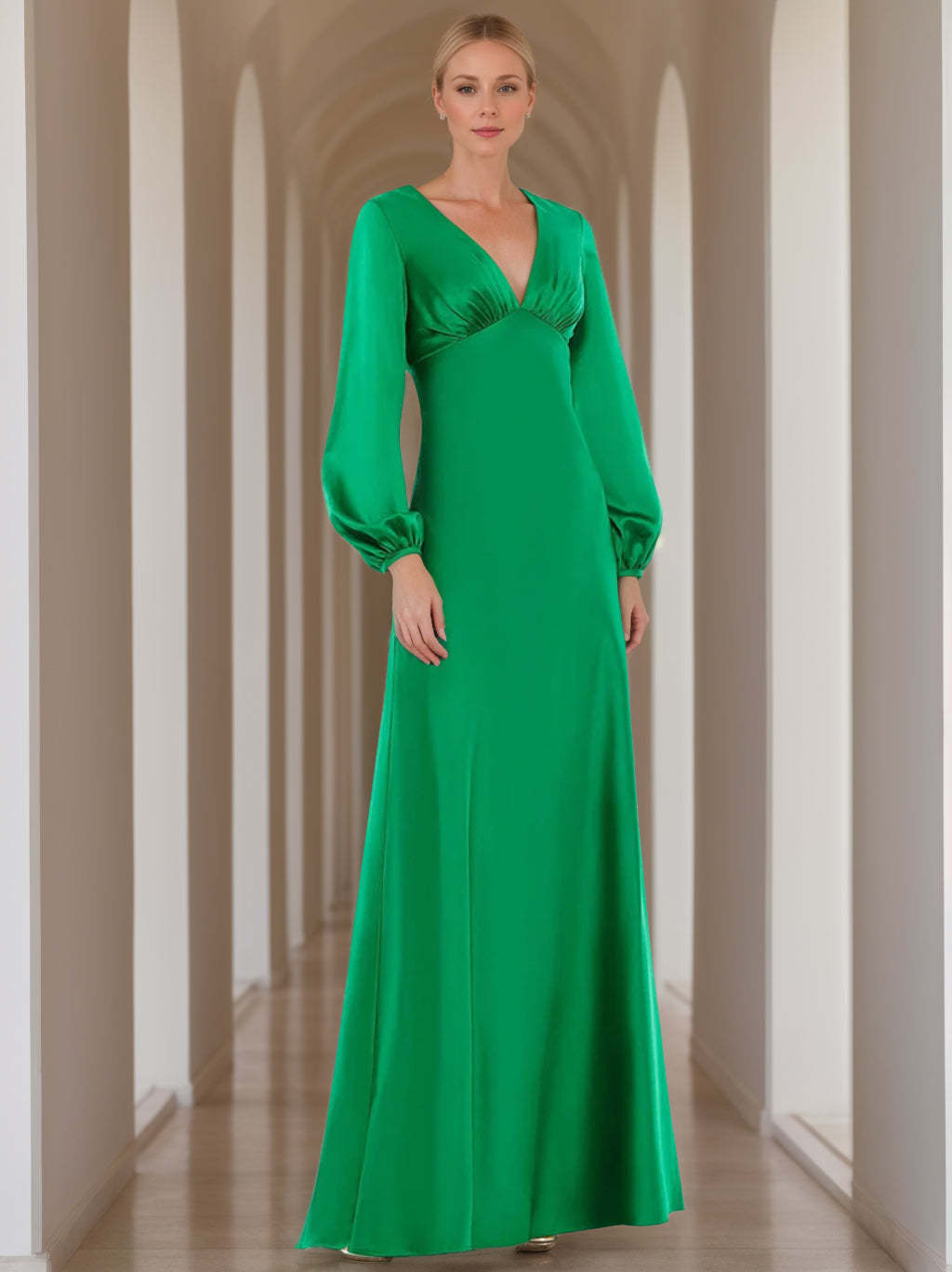 V-Neck A-Line Princess Floor-Length Mother of the Bride Dress with Long Sleeves and Ruffles