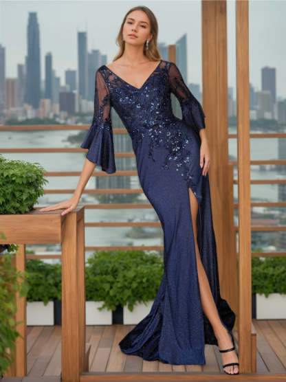Mermaid/Trumpet V-Neck Floor-Length Mother of the Bride Dress With 3/4 Sleeves Side Split & Floral Appliques-BMbridal.UK