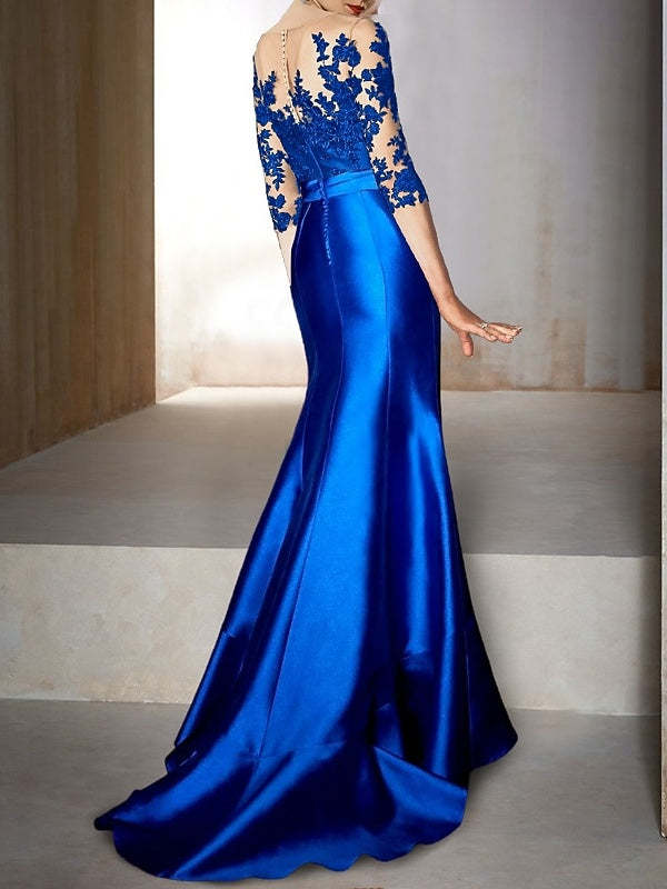 Trumpet Jewel Neck Half-Sleeve Floor-Length Mother of the Bride Dress with Appliques & Bow(s) in Mermaid Style-BMbridal.UK