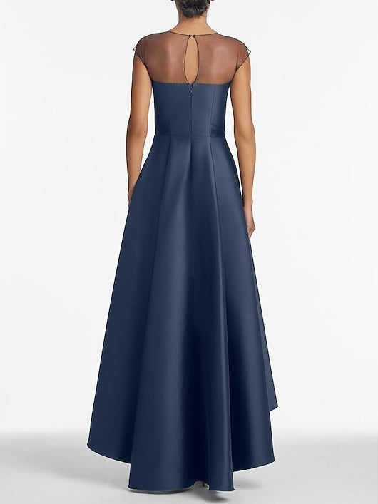 Asymmetrical Sleeveless A-Line Mother of the Bride Dress with Jewel Neckline Pleats and Appliques