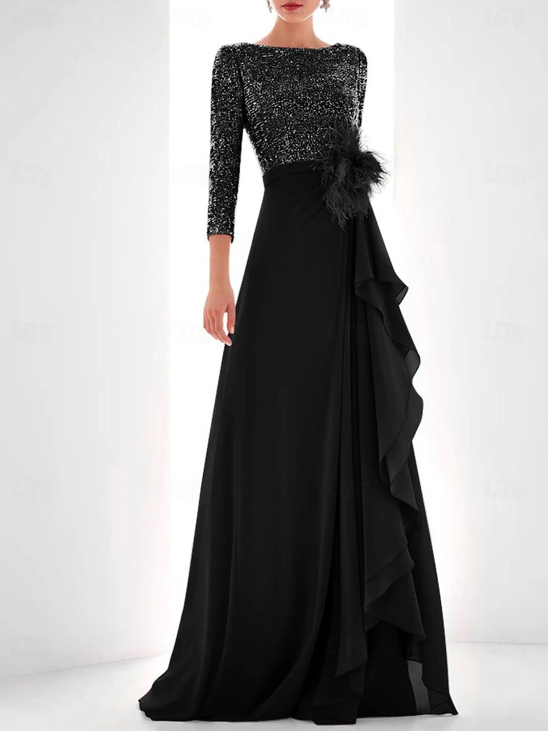 Asymmetrical A-Line Princess Jewel Neck Gown with Long Sleeves Sequin Feather and Pearl Details