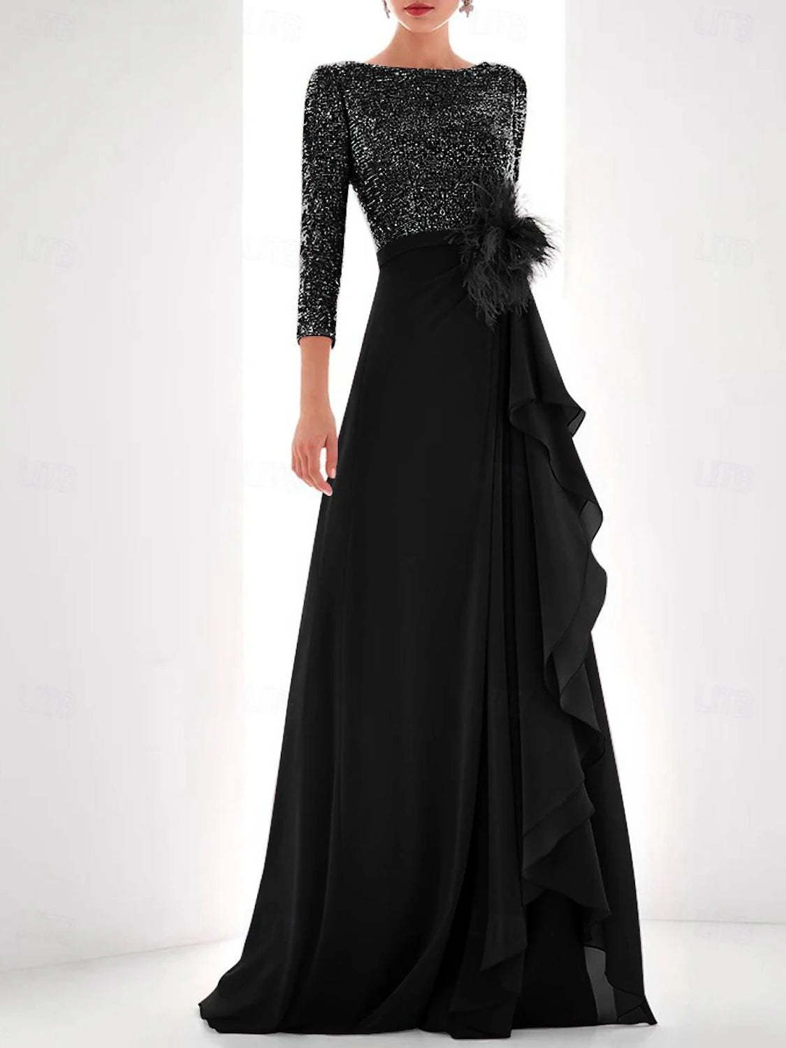 Asymmetrical A-Line Princess Jewel Neck Gown with Long Sleeves Sequin Feather and Pearl Details