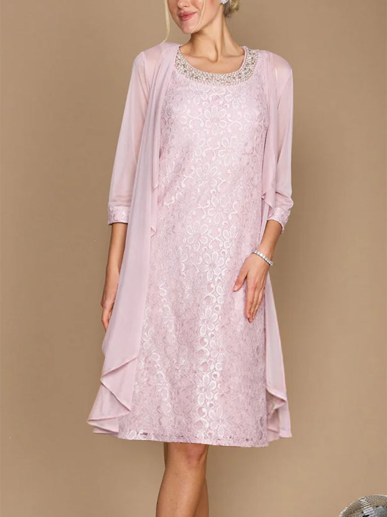 Knee-Length Mother of the Bride Column Dress With Scoop Half Sleeves Jacket & Embroidery