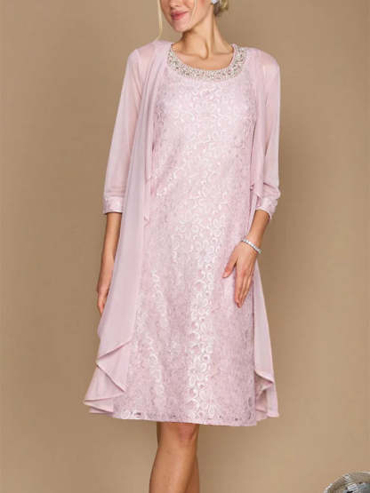 Knee-Length Mother of the Bride Column Dress With Scoop Half Sleeves Jacket & Embroidery