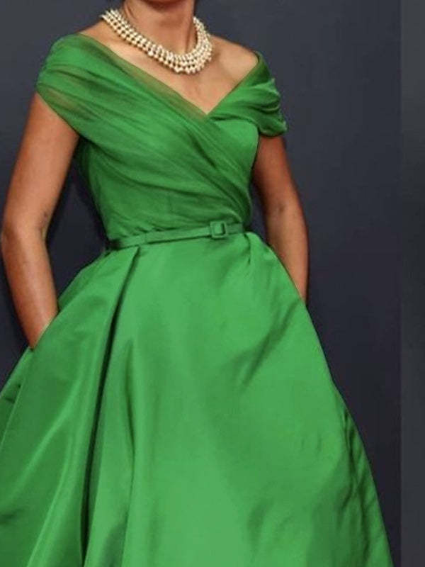 Off-Shoulder Sleeveless A-Line Ruched Ankle-Length Dress for the Mother of the Bride