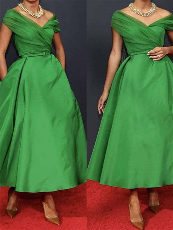 Off-Shoulder Sleeveless A-Line Ruched Ankle-Length Dress for the Mother of the Bride