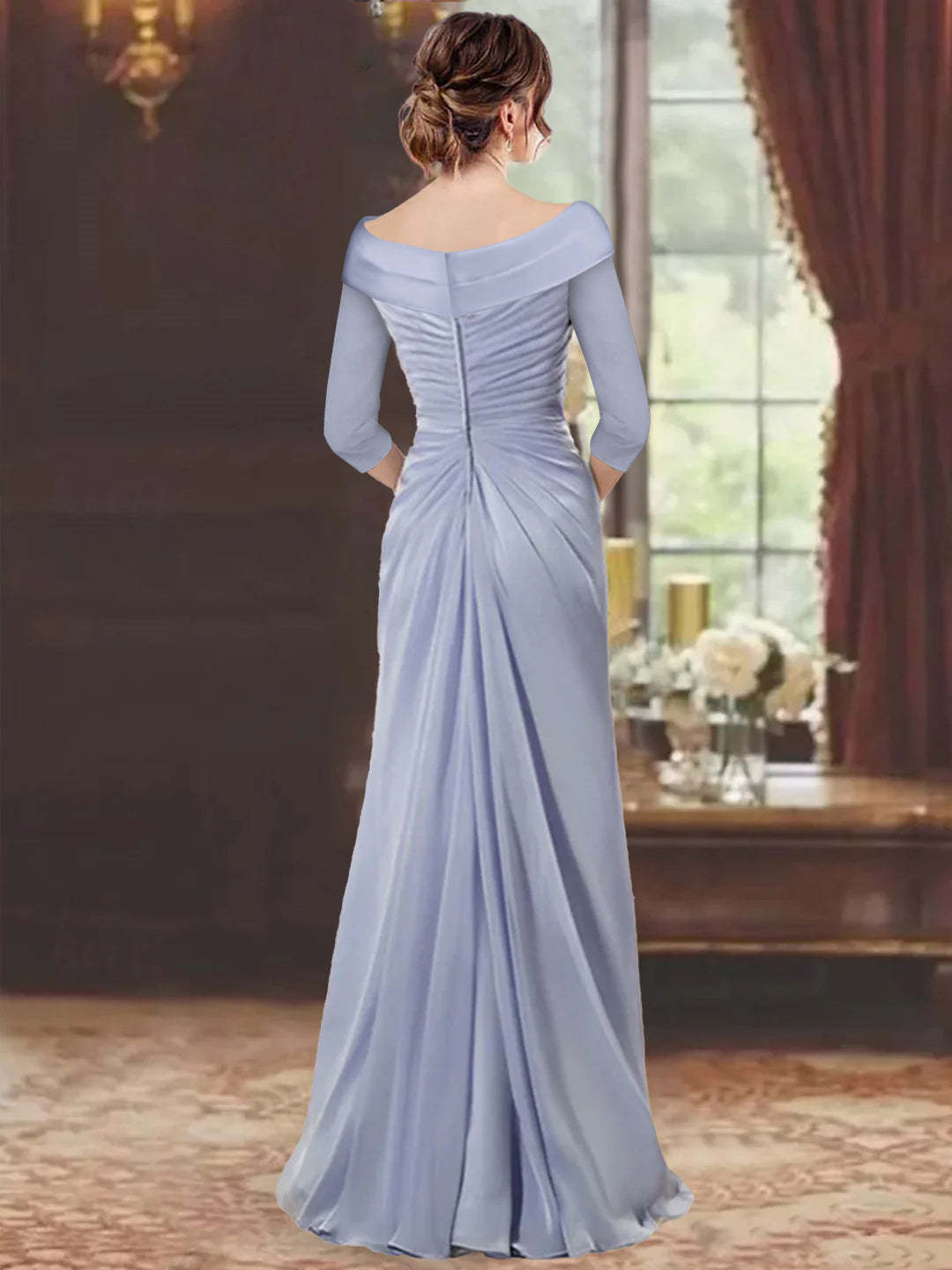 V-Neck Half-Sleeve Floor-Length Sheath Mother of the Bride Dress with Ruffles and Appliques