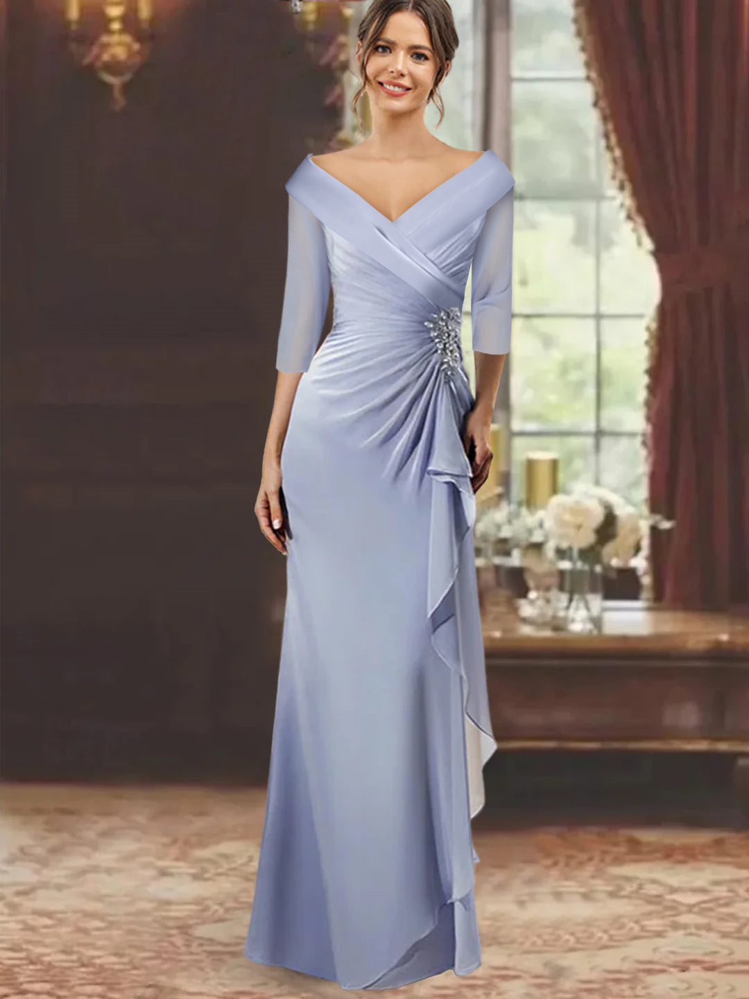 V-Neck Half-Sleeve Floor-Length Sheath Mother of the Bride Dress with Ruffles and Appliques