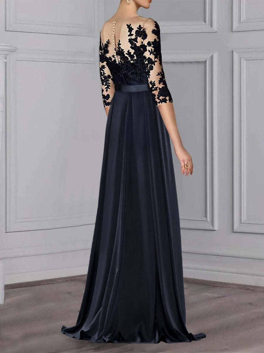Floor-Length Mother of the Bride A-Line Dress with Jewel Neck and 3/4 Sleeves