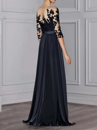 Floor-Length Mother of the Bride A-Line Dress with Jewel Neck and 3/4 Sleeves