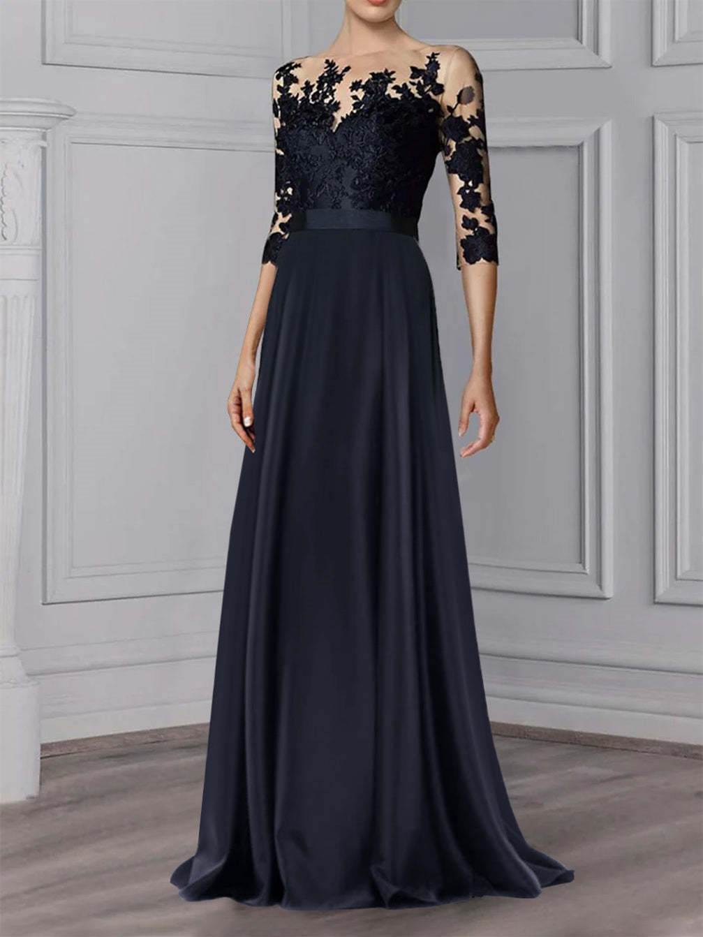 Floor-Length Mother of the Bride A-Line Dress with Jewel Neck and 3/4 Sleeves