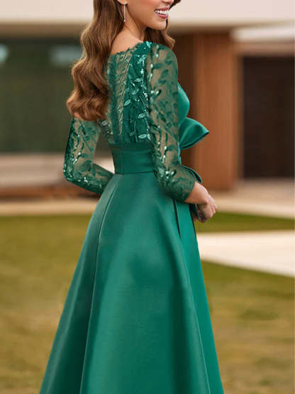 Mother of the Bride A-Line Princess Dress with Illusion Neck and 3/4 Split Sleeves