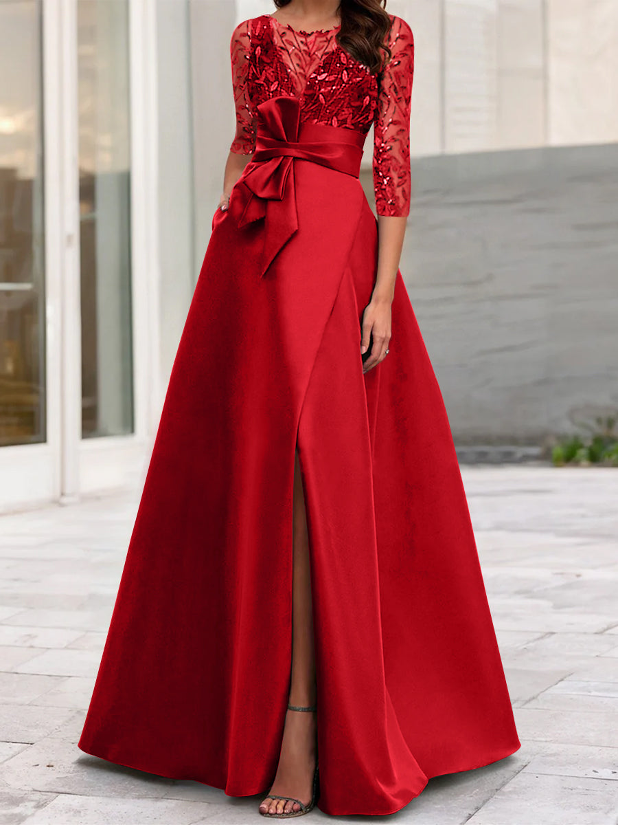 Mother of the Bride A-Line Princess Dress with Illusion Neck and 3/4 Split Sleeves