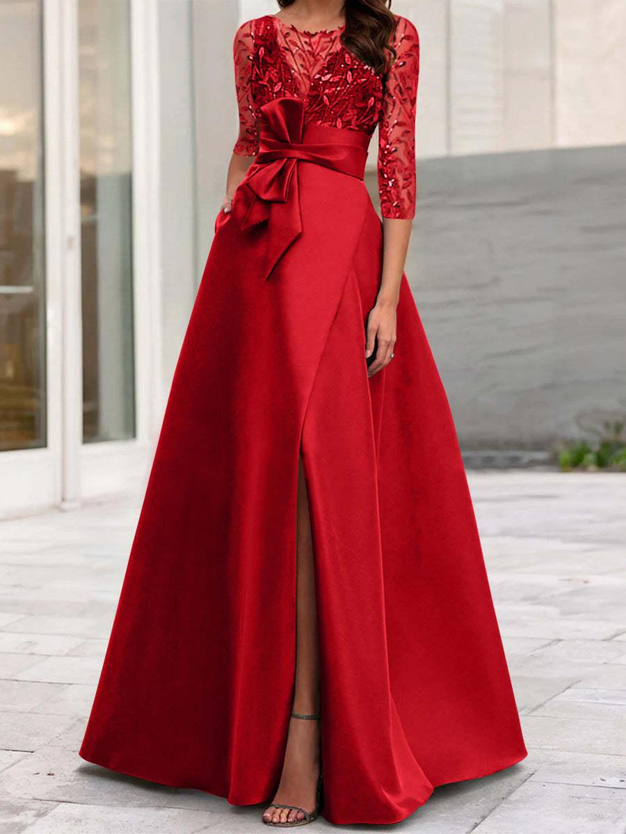 Mother of the Bride A-Line Princess Dress with Illusion Neck and 3/4 Split Sleeves