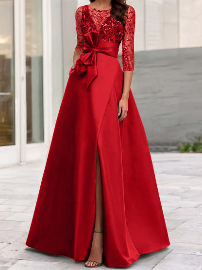 Mother of the Bride A-Line Princess Dress with Illusion Neck and 3/4 Split Sleeves