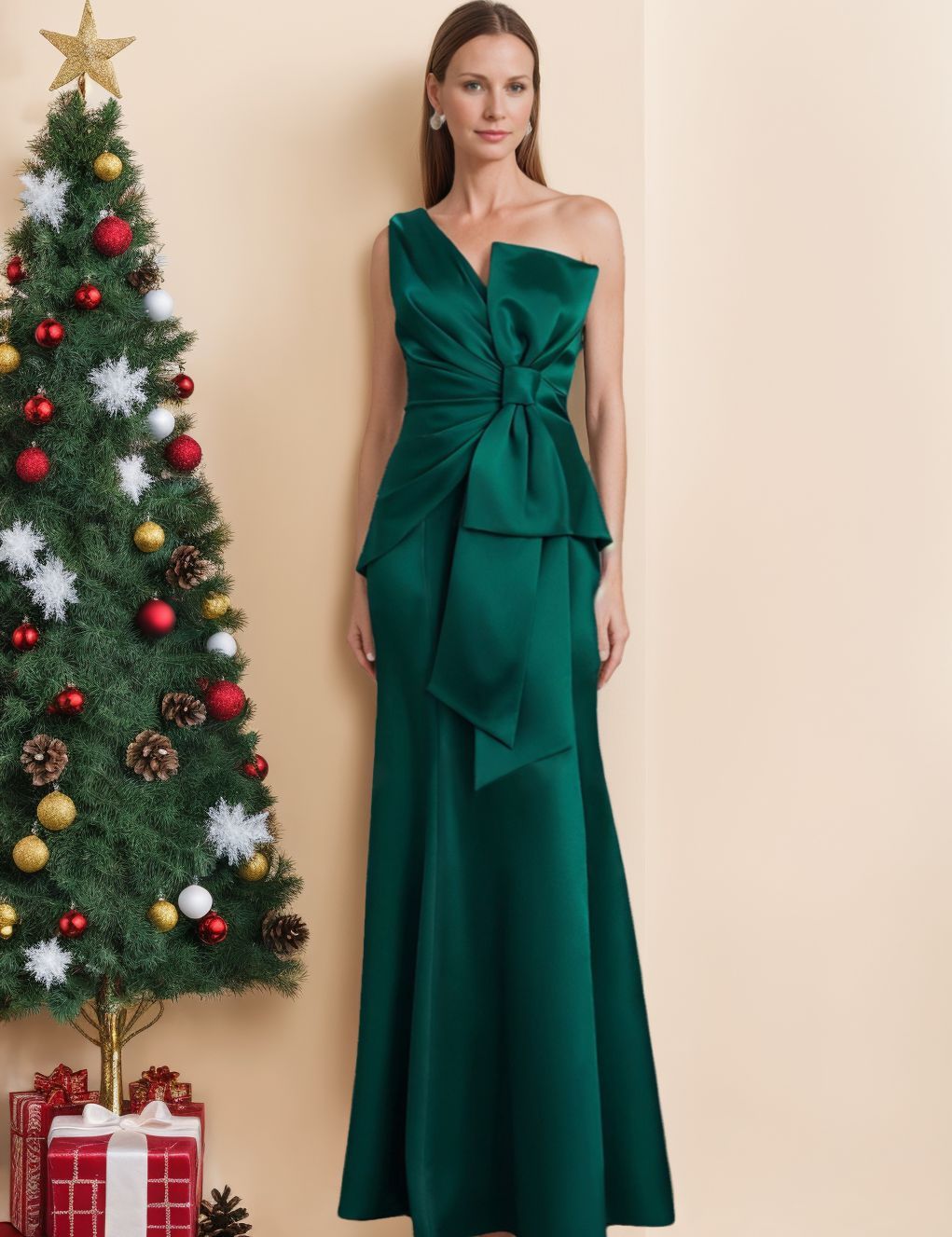 Satin Floor-Length Sleeveless One-Shoulder Bow Gown for the Mother of the Bride