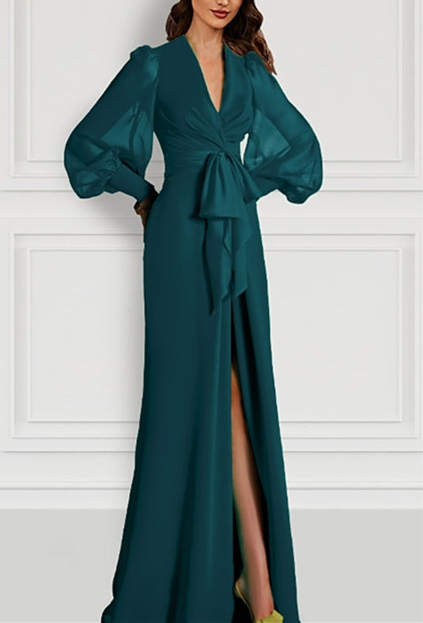 Long Sleeve V-Neck Chiffon Mother of the Bride Dress with Mermaid Train and Strappy Slit