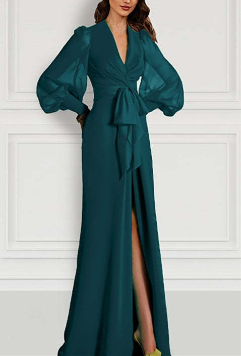 Long Sleeve V-Neck Chiffon Mother of the Bride Dress with Mermaid Train and Strappy Slit