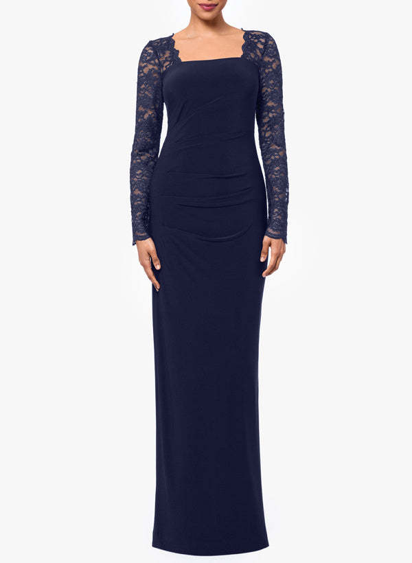 Floor-Length Square Neck Jersey Gown with Long Sleeves and Lace