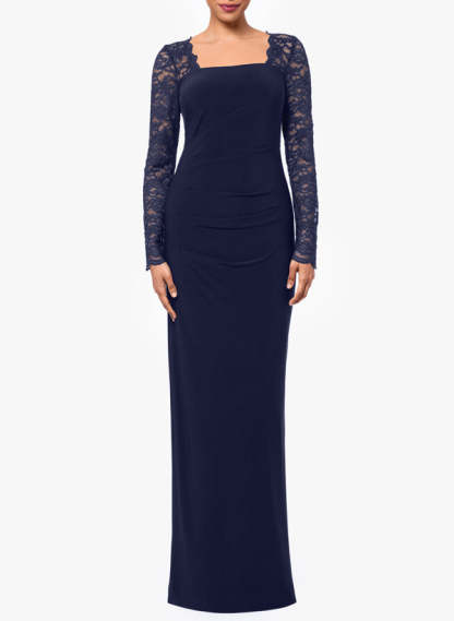Floor-Length Square Neck Jersey Gown with Long Sleeves and Lace