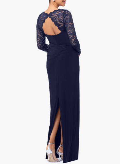 Floor-Length Square Neck Jersey Gown with Long Sleeves and Lace