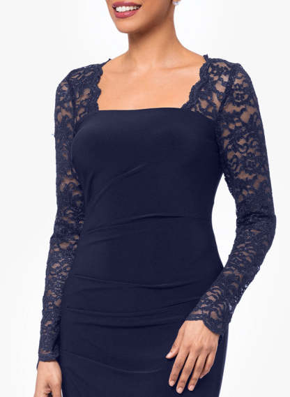 Floor-Length Square Neck Jersey Gown with Long Sleeves and Lace