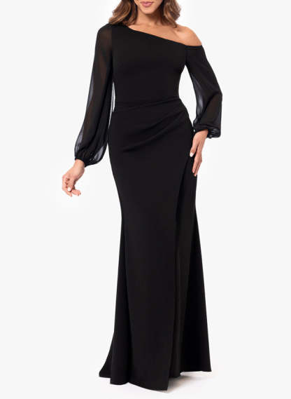 Asymmetrical One-Shoulder Trumpet/Mermaid Gown with Long Sleeves for the Mother of the Bride in Chiffon-BMbridal.UK