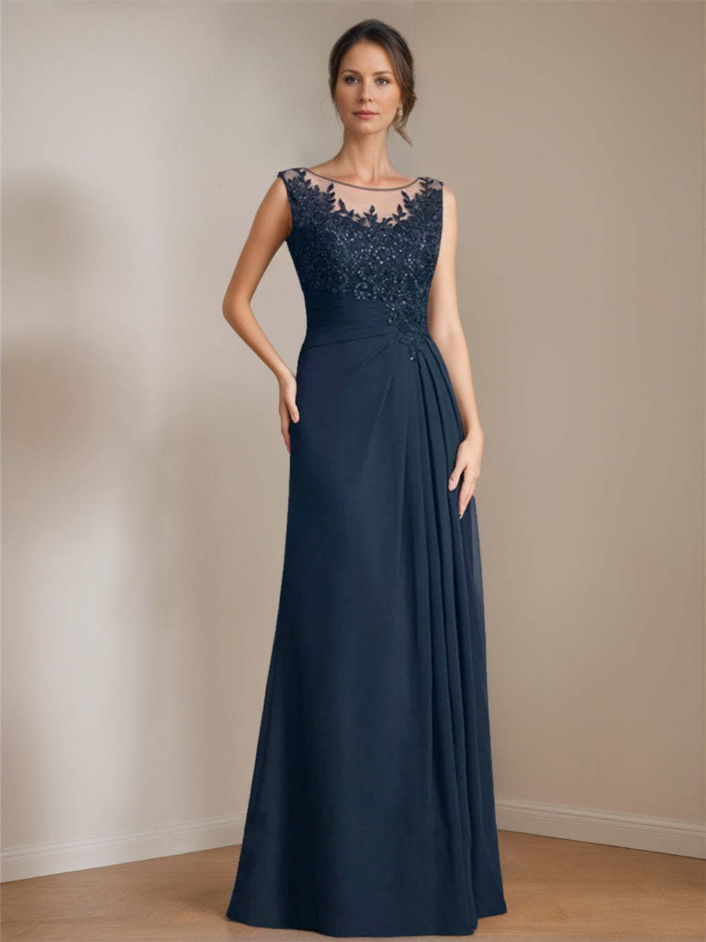 Floor-Length A-Line Princess Mother of the Bride Dress with Scoop Neck Pleats and Sequins