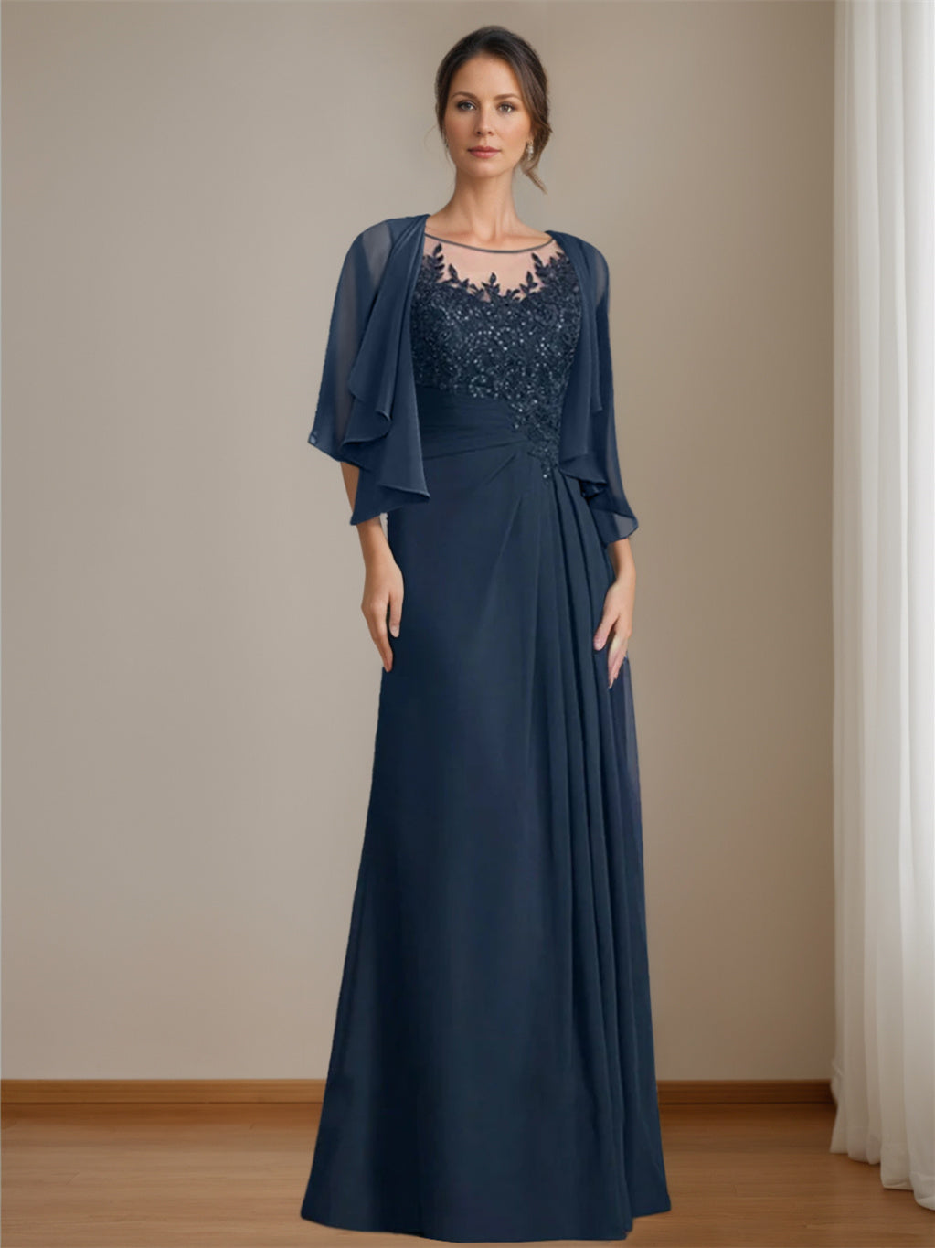 Floor-Length A-Line Princess Mother of the Bride Dress with Scoop Neck Pleats and Sequins