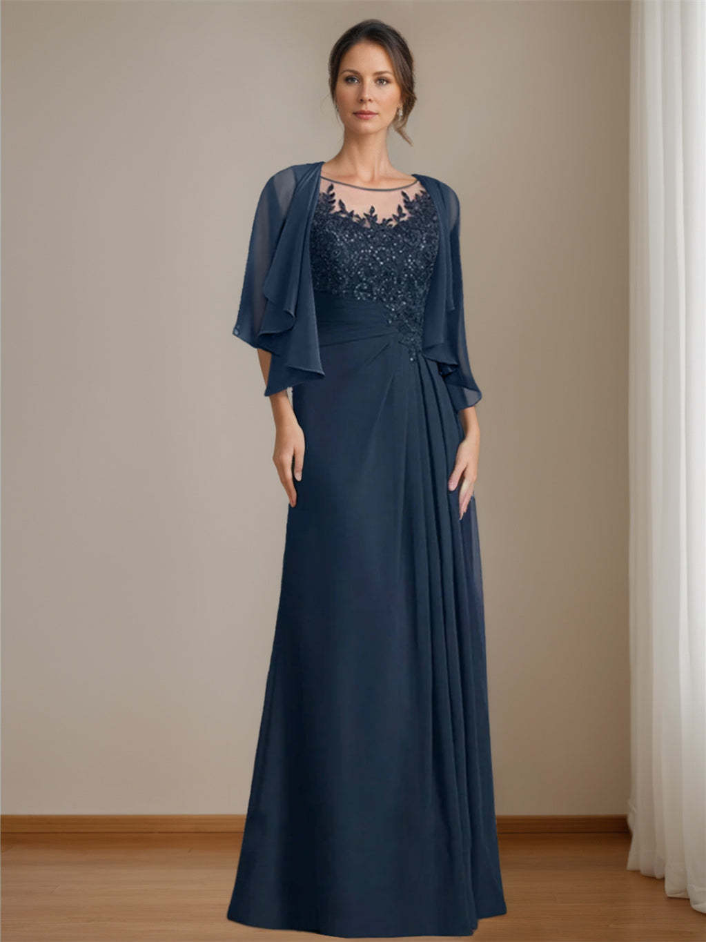 Floor-Length A-Line Princess Mother of the Bride Dress with Scoop Neck Pleats and Sequins