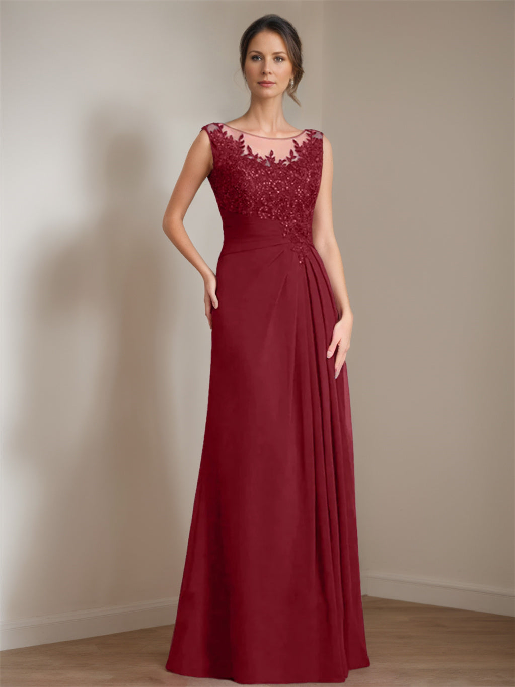 Floor-Length A-Line Princess Mother of the Bride Dress with Scoop Neck Pleats and Sequins