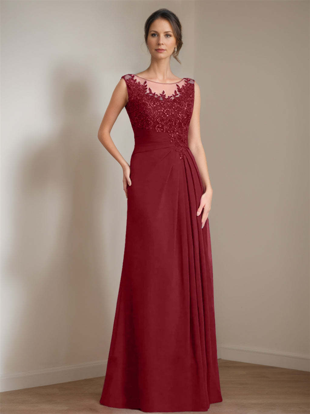 Floor-Length A-Line Princess Mother of the Bride Dress with Scoop Neck Pleats and Sequins