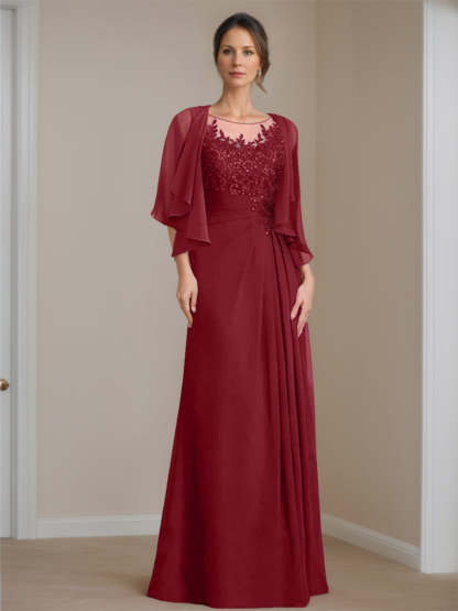 Floor-Length A-Line Princess Mother of the Bride Dress with Scoop Neck Pleats and Sequins