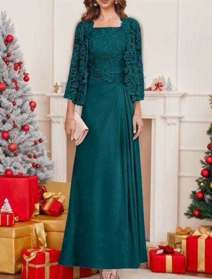 2 A-Line/Princess Scoop Mother of the Bride Dresses with Pleated & Lace Appliques Floor-Length