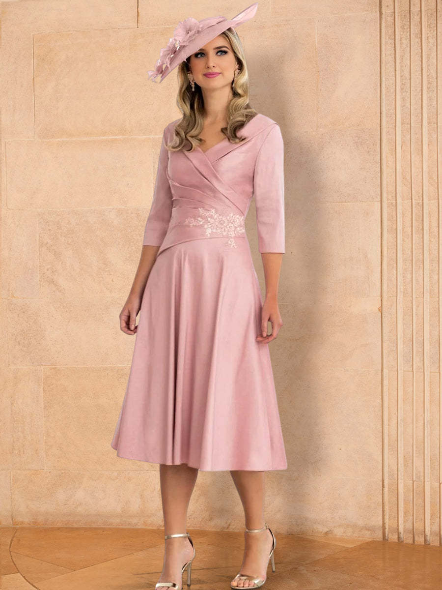 V-Neck A-Line Princess Tea-Length Mother of the Bride Dresses Featuring Applique