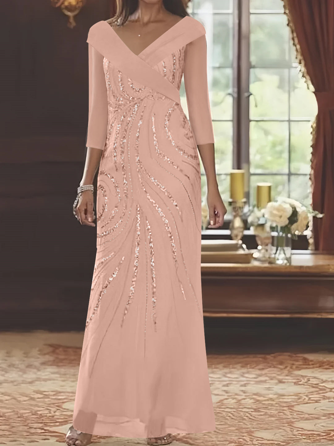 V-Neck 3/4 Sleeve Floor-Length Sequined Mother of the Bride Sheath Dress