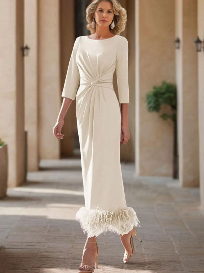 Elegant Feather-Adorned Scoop Neck Ankle-Length Dress for Mothers of the Bride & Groom