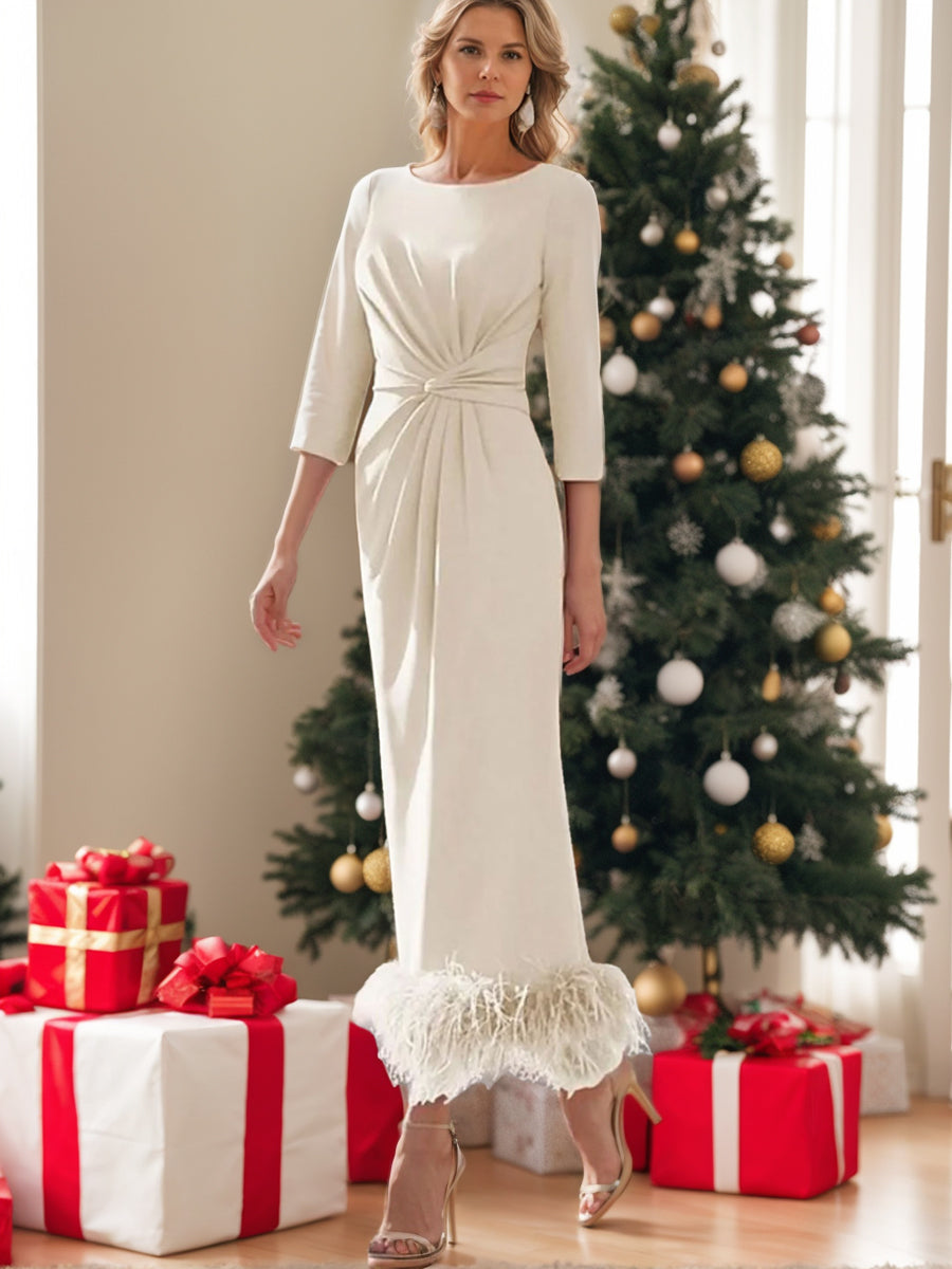 Elegant Feather-Adorned Scoop Neck Ankle-Length Dress for Mothers of the Bride & Groom