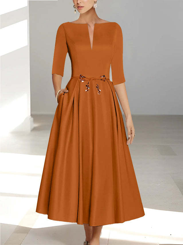 Ankle-Length Mother of the Bride A-Line Dress with Half Sleeves and Pockets