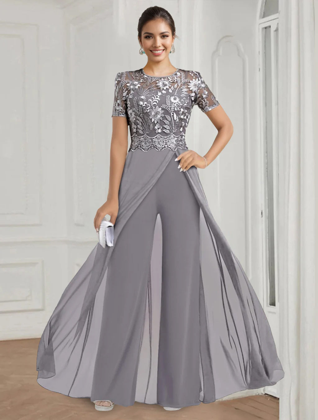 Floor-Length Round Neck Stretch Chiffon Mother of the Bride Pantsuit with Short Sleeves and Appliques Lace-BMbridal.UK