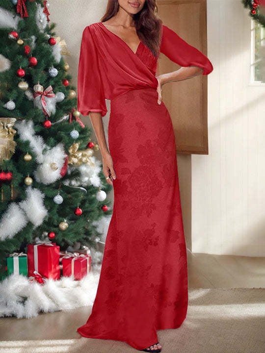 Red V-neck Floral Print Column Dress for Mothers of the Bride & Groom-BMbridal