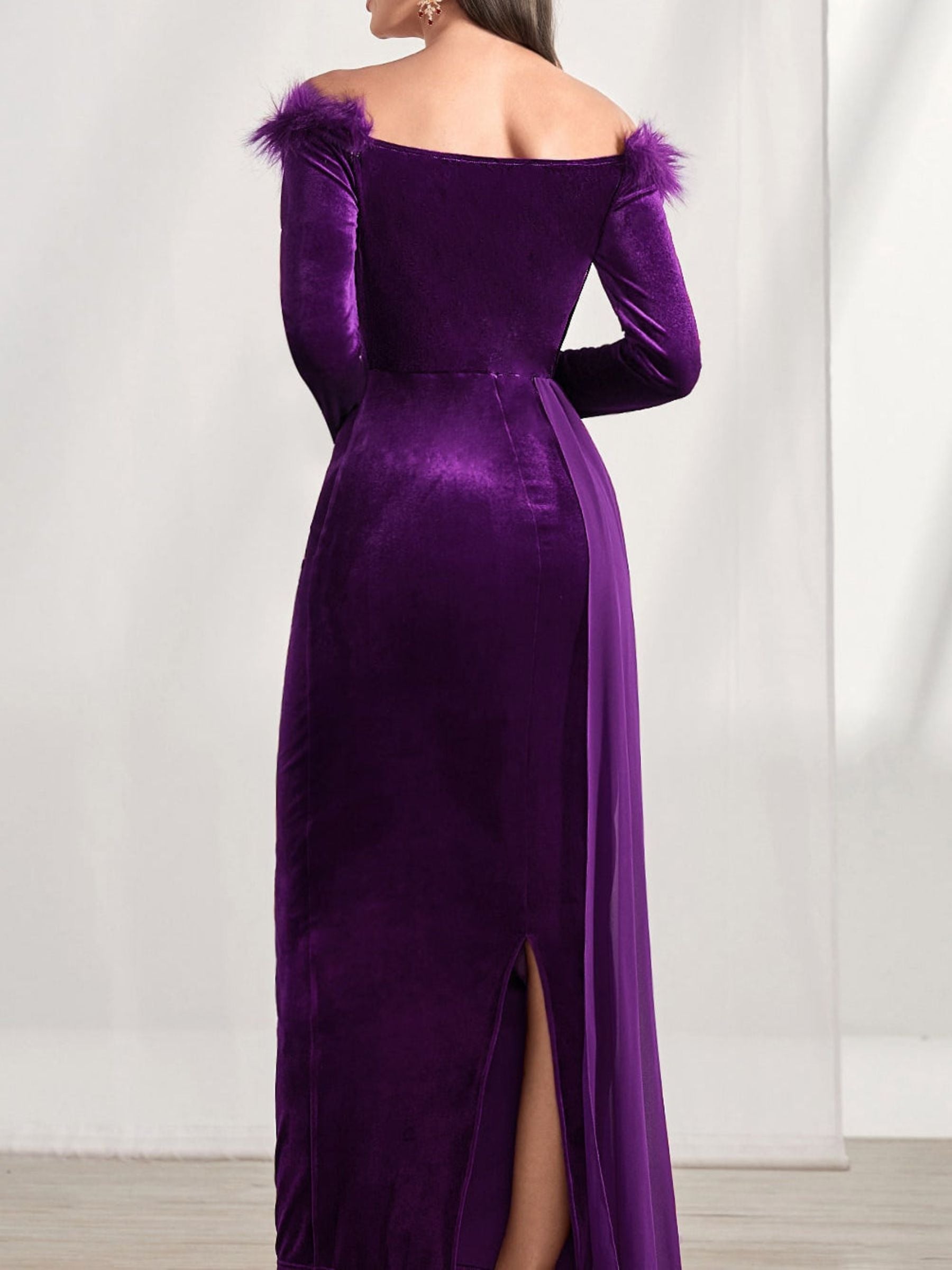 Off-the-Shoulder Asymmetrical Long Sleeve Sheath Dress with Feather for Mothers of the Bride & Groom