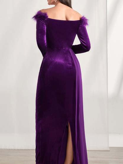 Off-the-Shoulder Asymmetrical Long Sleeve Sheath Dress with Feather for Mothers of the Bride & Groom