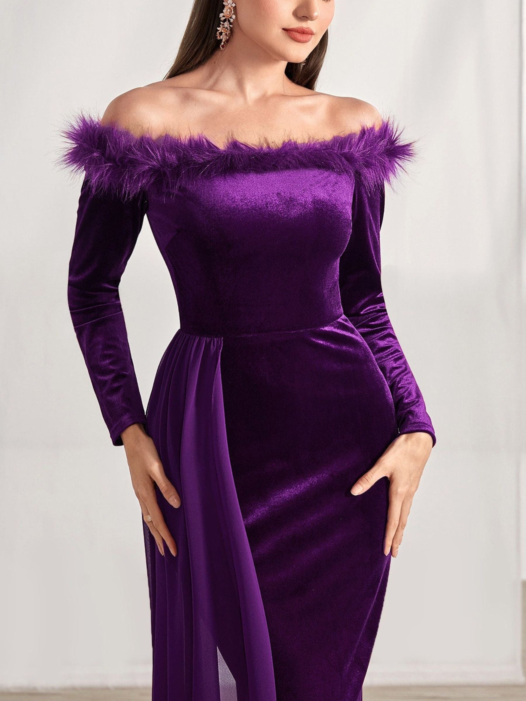 Off-the-Shoulder Asymmetrical Long Sleeve Sheath Dress with Feather for Mothers of the Bride & Groom