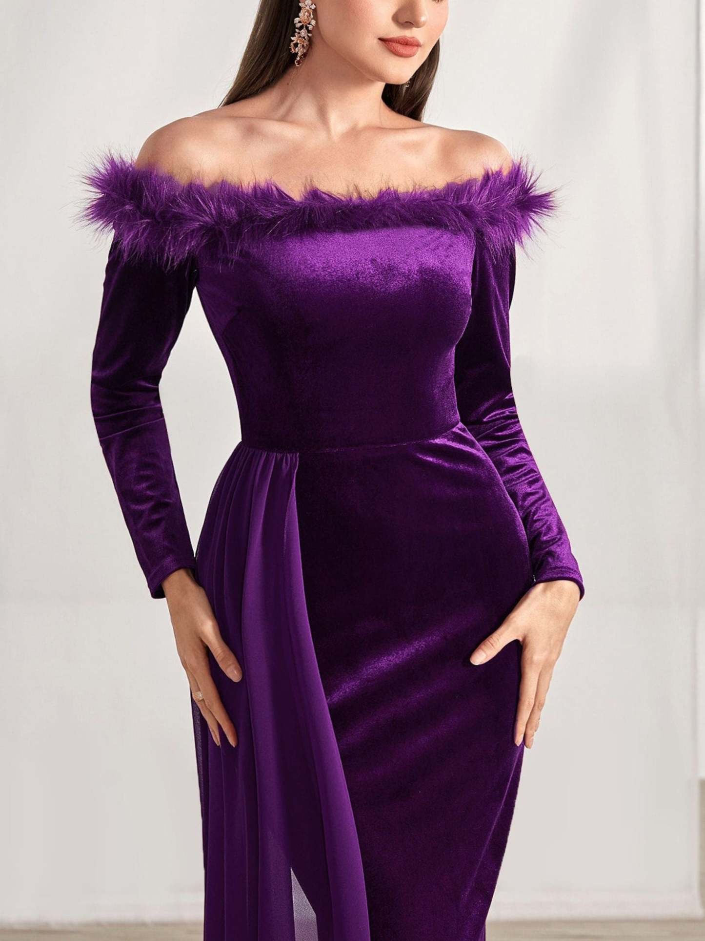 Off-the-Shoulder Asymmetrical Long Sleeve Sheath Dress with Feather for Mothers of the Bride & Groom