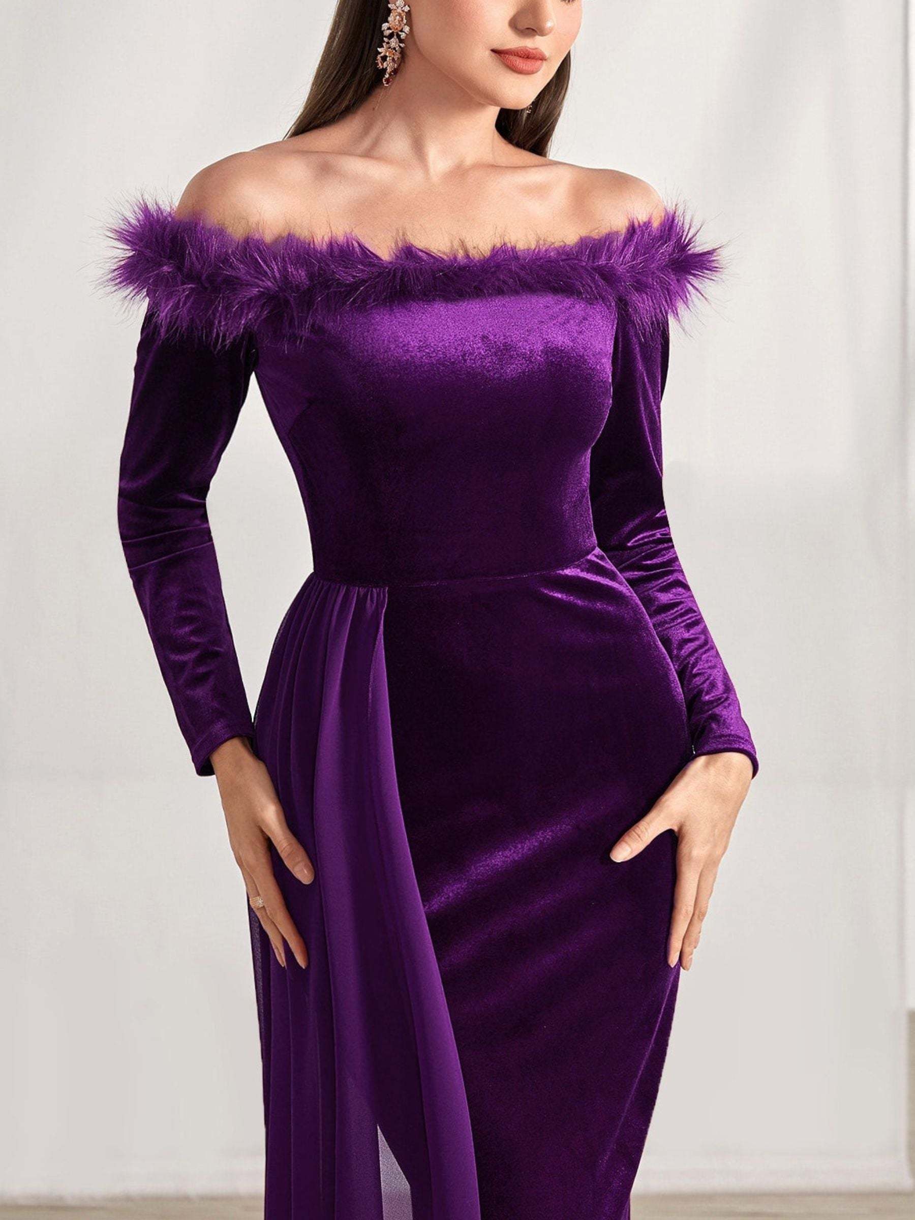 Off-the-Shoulder Asymmetrical Long Sleeve Sheath Dress with Feather for Mothers of the Bride & Groom
