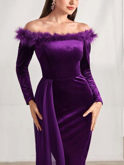 Off-the-Shoulder Asymmetrical Long Sleeve Sheath Dress with Feather for Mothers of the Bride & Groom