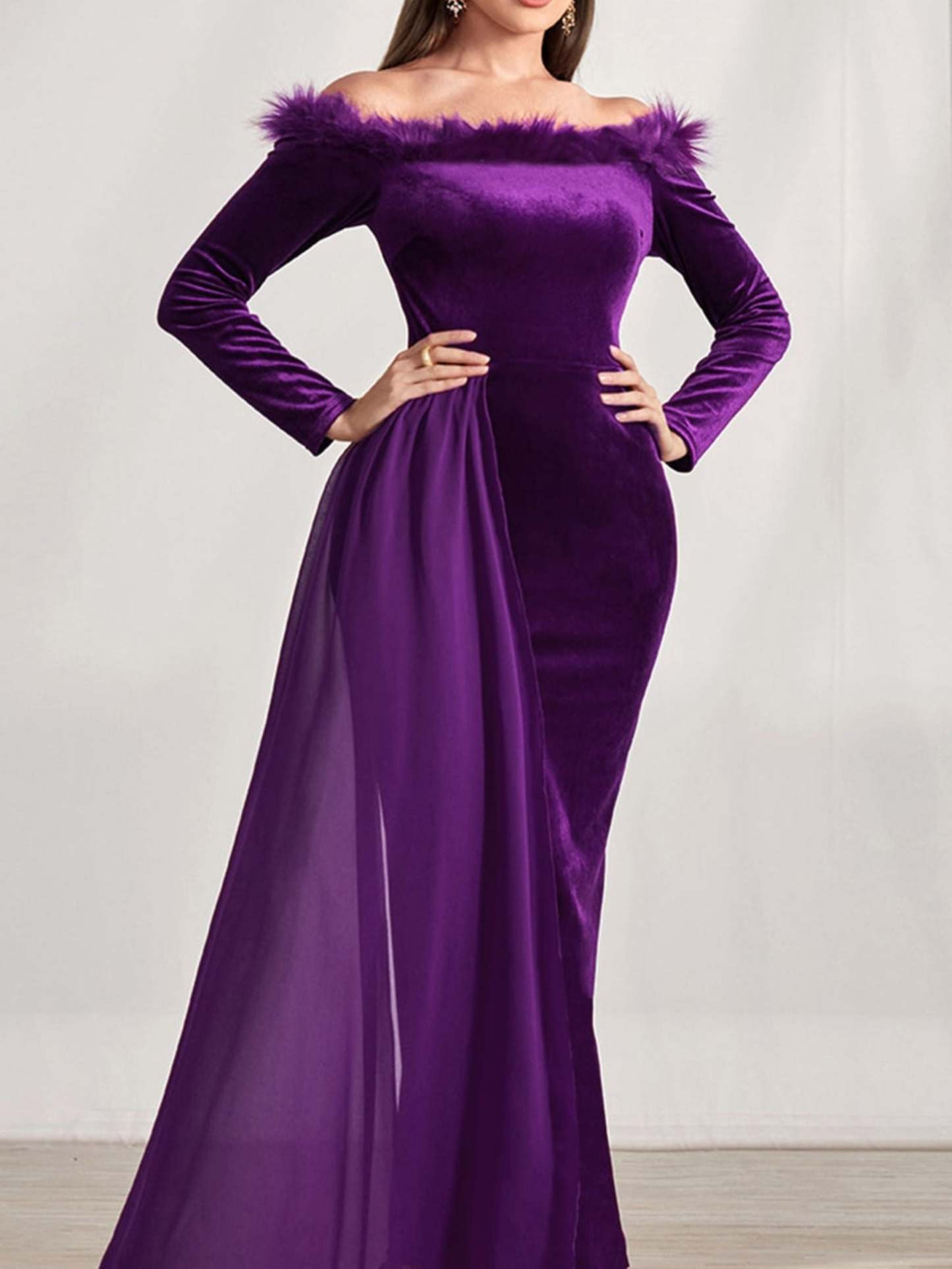 Off-the-Shoulder Asymmetrical Long Sleeve Sheath Dress with Feather for Mothers of the Bride & Groom