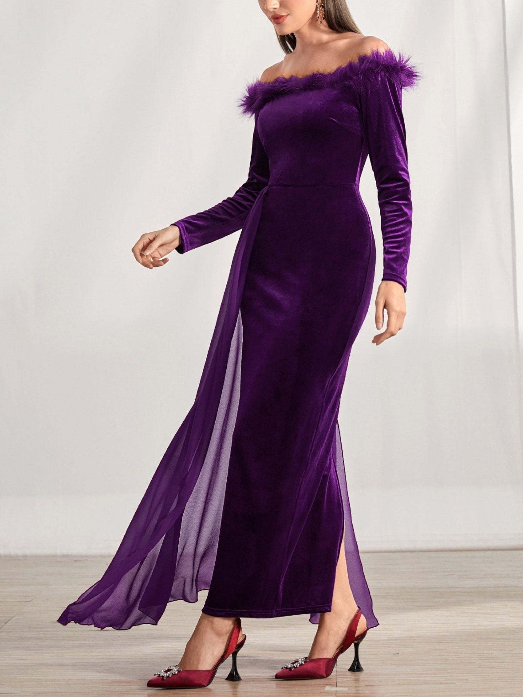 Off-the-Shoulder Asymmetrical Long Sleeve Sheath Dress with Feather for Mothers of the Bride & Groom